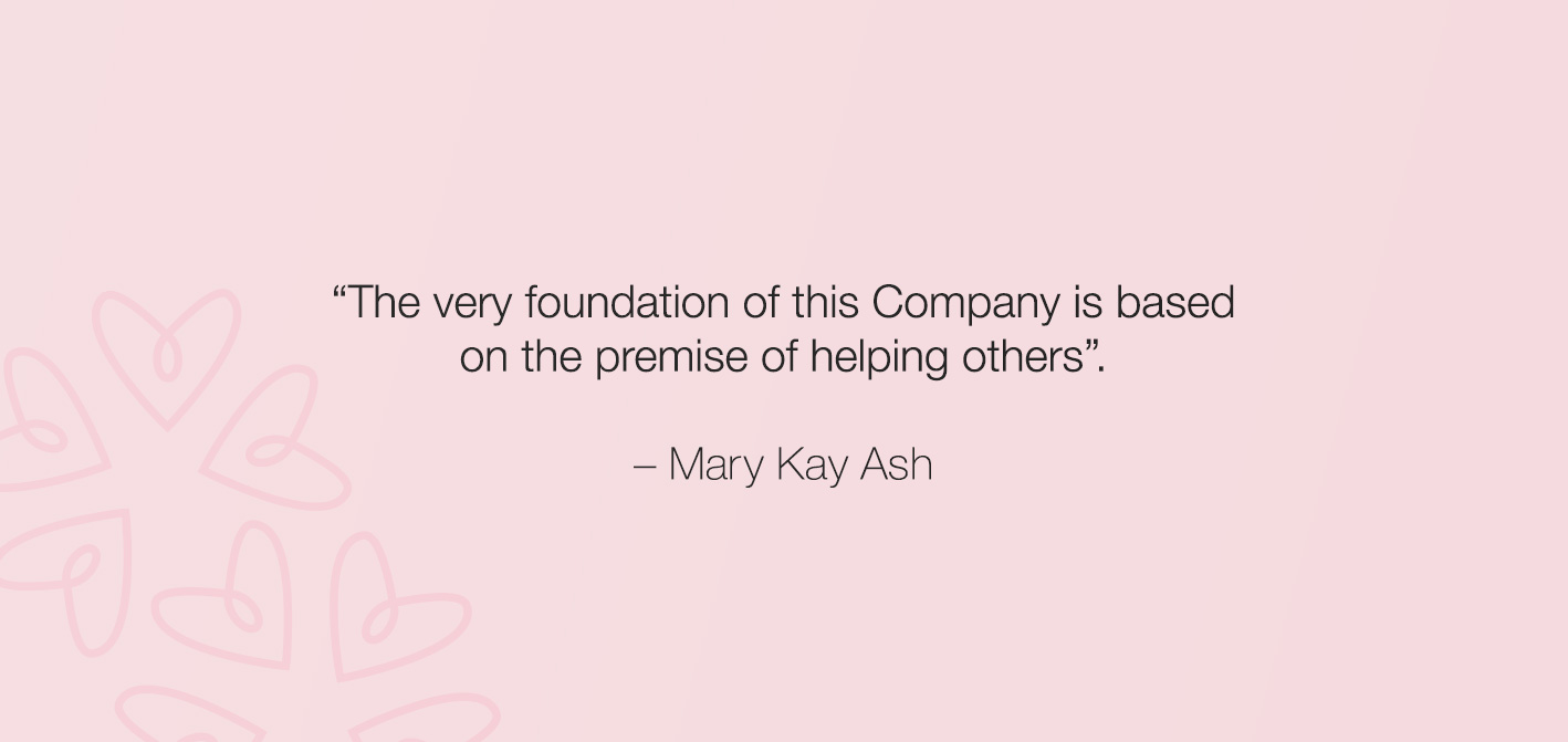 Quote from Mary Kay Ash on pink background with hearts.